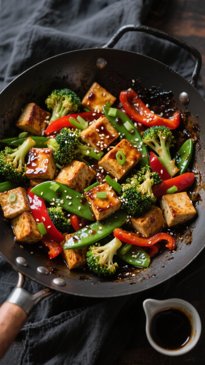 Overhead stir-fry in a wok: balsamic-glazed tofu and veggie medley—crisp-edged extra-firm tofu cubes seared to golden, tossed with broccoli florets, snap peas, and red bell pepper slices, coated in a glossy balsamic-garlic glaze; sliced green onions sprinkled over, sesame seeds optional, a small pourer with extra glaze nearby, high-heat wok char visible, vibrant greens and reds popping against a dark wok on a charcoal linen.