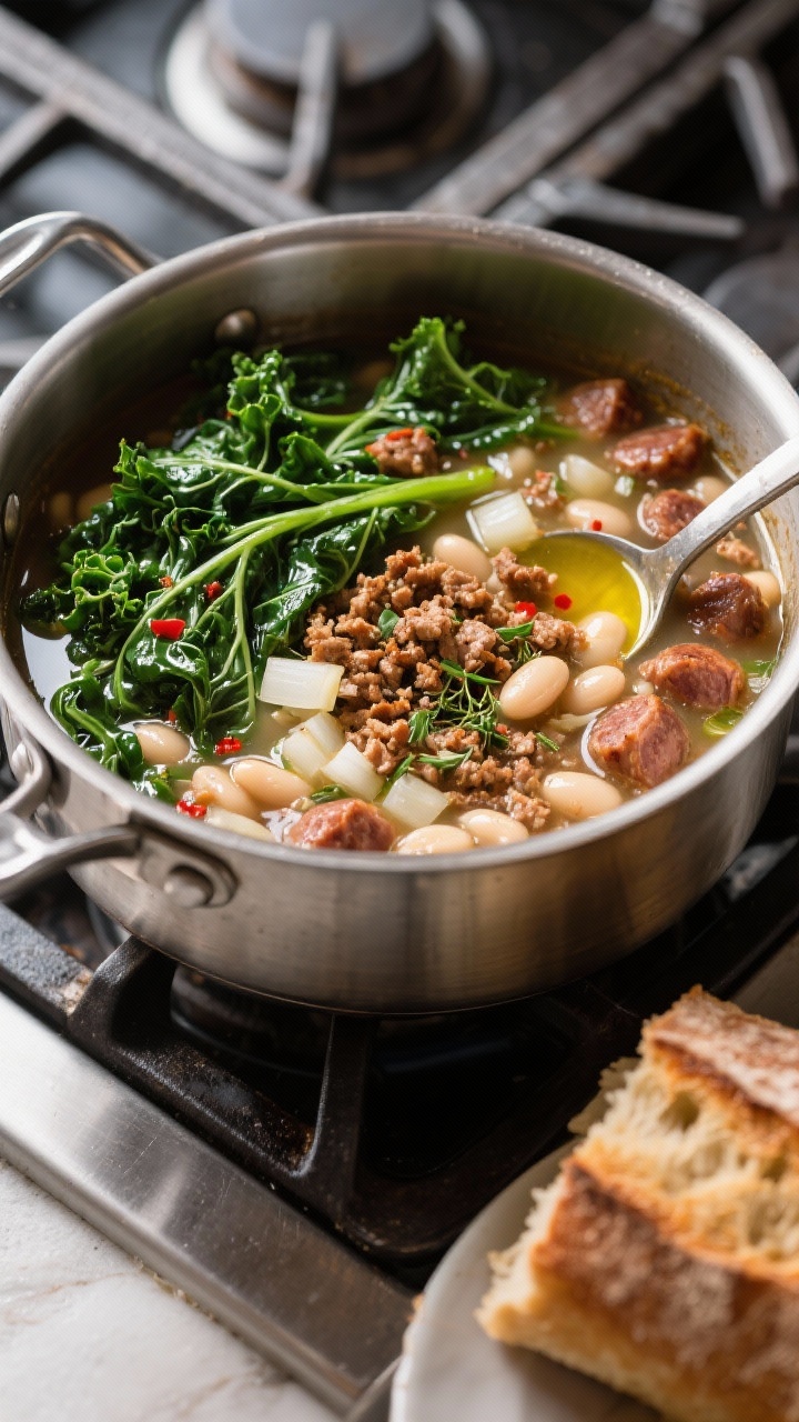 Overhead stovetop scene of Italian sausage, white bean, and kale soup in a stainless pot: browned crumbles of Italian sausage, simmering broth with cannellini beans, diced onion, garlic, oregano, and red pepper flakes, ribbons of bright green kale just wilted; a drizzle of olive oil glistening on the surface; ladle partially submerged, crusty bread off to the side.