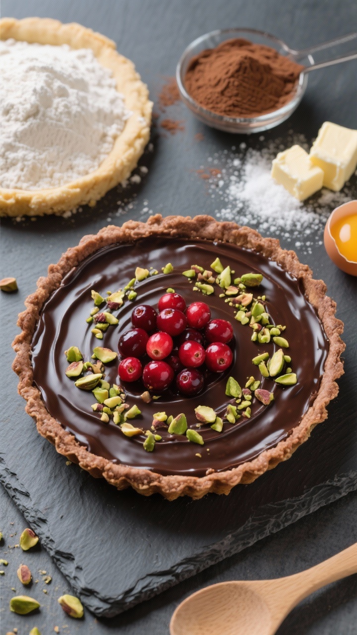 Overhead tart-on-slate shot of a Dark Chocolate Cranberry Tart with Pistachio Crunch: crisp cocoa tart shell filled with glossy dark chocolate ganache, dotted with jewel-like fresh cranberries and a generous scatter of crushed pistachios for texture; nearby are measured ingredients for the crust—flour, cocoa powder, powdered sugar, cubed cold butter, and an egg yolk; cool natural light to pop the reds and greens against the dark chocolate.