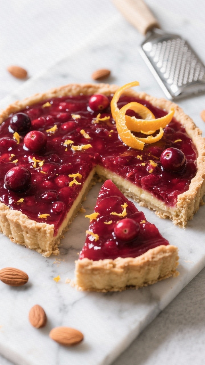 Overhead tart shot: a no-fuss cranberry orange tart with a press-in almond crust—crust visibly nubby with almond texture, filled with jewel-toned cranberry compote speckled with zest; glossy surface with a few whole cranberries and fine orange zest curls on top; clean slices showing neat layers; set on a cool marble slab with scattered almonds and a microplane.