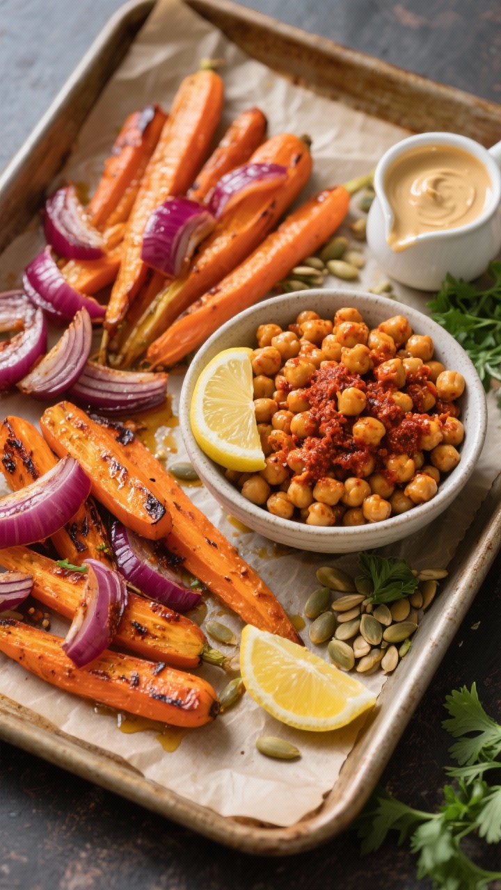 Overhead tray of harissa chickpea and roasted carrot bowl components: batons of carrots and red onion wedges roasted with olive oil, ground cumin, smoked paprika, salt and pepper until edges char; a bowl of chickpeas tossed in vibrant harissa; lemon wedges and a creamy tahini drizzle in a small pourer; scattered parsley and toasted pepitas for crunch; styled on a parchment-lined sheet pan with warm, rustic lighting to enhance orange and ruby tones.