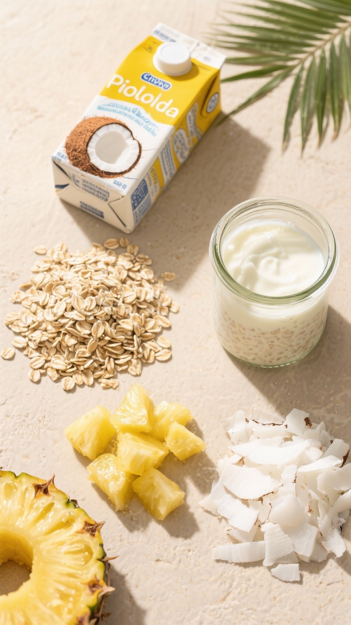 Overhead tropical ingredient-prep flat lay for Piña Colada oats: neat clusters of old-fashioned oats, carton coconut milk, Greek or coconut yogurt, pineapple tidbits (drained), and unsweetened coconut flakes arranged on a sand-colored surface; a glass jar partially filled with the creamy oat base off to one side; bright, breezy light, small palm-leaf prop, vibrant yellow pineapple and snowy coconut texture contrast.