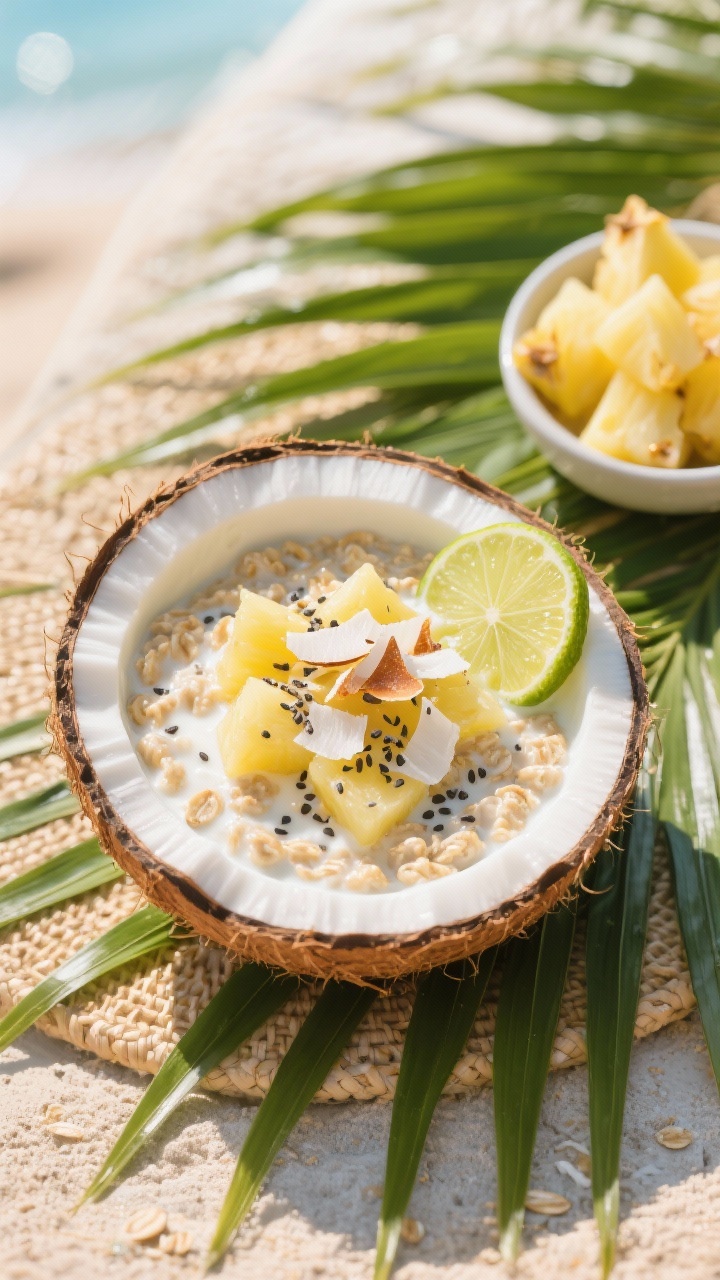 Overhead tropical presentation of piña colada oats in a coconut-shell bowl: oats made with light carton coconut milk and Greek yogurt, topped with pineapple tidbits and a light sprinkle of chia seeds. Garnish with a small lime wedge and a few toasted coconut flakes for texture. Bright, beachy styling with a palm-leaf placemat and a small bowl of pineapple nearby, sunlit and vibrant.