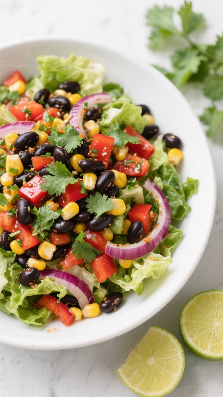 Overhead vibrant Southwest black bean power salad: chopped romaine or mixed greens topped with black beans, sweet corn kernels, diced red bell pepper, and thinly sliced red onion; sprinkled with chopped cilantro and dressed with a glossy lime-cilantro vinaigrette; served in a wide white bowl with lime halves and extra cilantro nearby; punchy colors, crisp textures, fresh and lively mood.