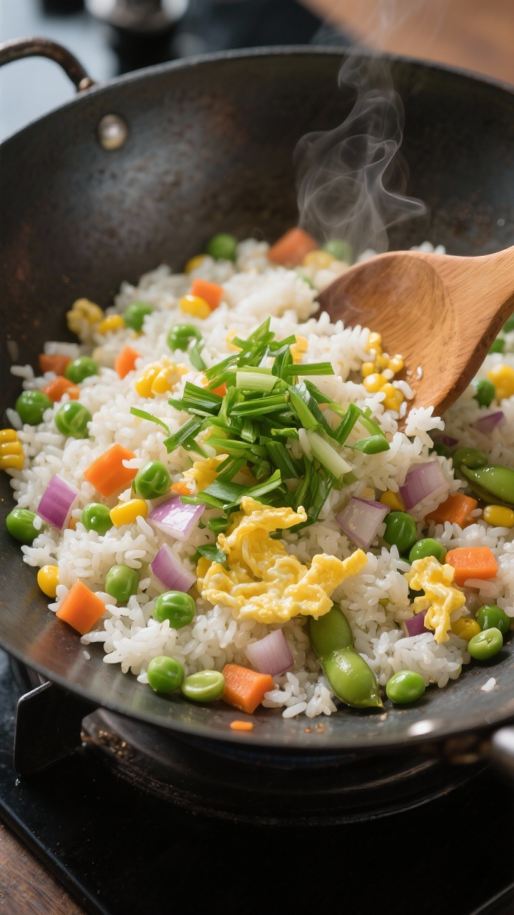 Overhead wok shot of veggie-packed fried rice: chilled white rice dotted with peas, carrots, corn, and shelled edamame; small diced onion and scrambled egg ribbons folded through; neutral oil gloss, bits of steam; wooden spatula mid-toss, scallion greens sprinkled over; vibrant colors against a carbon-steel wok on a stovetop.