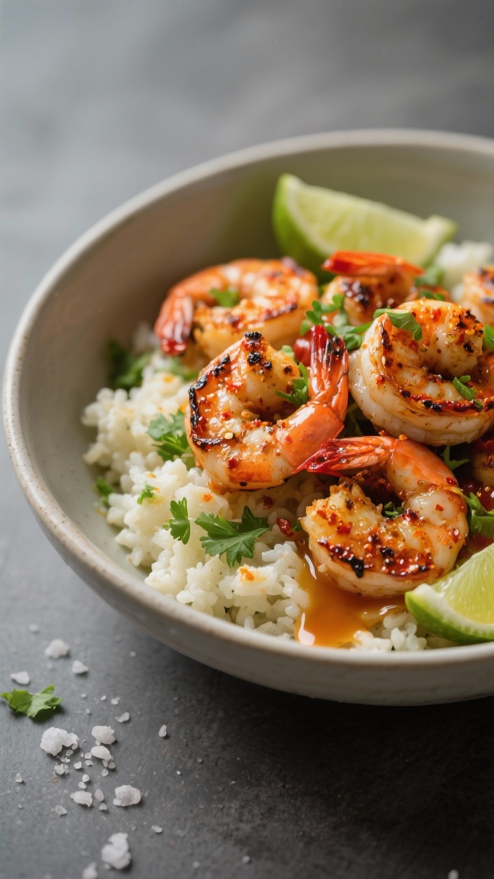 Plated 45-degree shot of chili-lime shrimp bowls: charred chili-paprika-cumin shrimp with a hint of cayenne over fluffy cilantro-lime cauliflower rice, garnished with lime zest, fresh cilantro, avocado oil sheen; bowl includes lime wedges and a sprinkle of sea salt, chili-lime drizzle pooling slightly; warm side light highlighting spicy crust on shrimp, minimalist ceramic bowl on a matte slate surface.