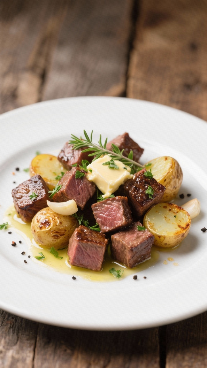 Plated bistro-style Garlicky Butter Steak Bites with Herbed Potatoes: caramelized 1-inch sirloin cubes glistening in garlic butter, flecked with fresh thyme and parsley, alongside halved baby potatoes roasted in olive oil until blistered; butter pooling slightly on the plate, cracked black pepper, a few garlic slices visible, served on a matte white plate over a rustic wooden table, straight-on shot highlighting succulence.