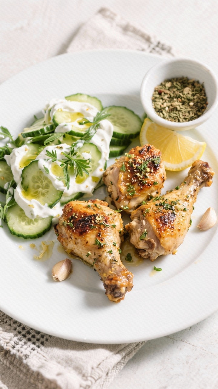 Plated Mediterranean presentation at 45 degrees: za’atar- and yogurt-roasted bone-in, skin-on chicken thighs with blistered, herb-speckled skin, served alongside a bright herby cucumber salad. Visible swirls of tangy Greek yogurt marinade, za’atar flecks, grated garlic, and a squeeze of lemon. The salad shows crisp cucumber, fresh herbs, light olive oil gloss; clean white plate on a textured linen with a small bowl of extra za’atar.