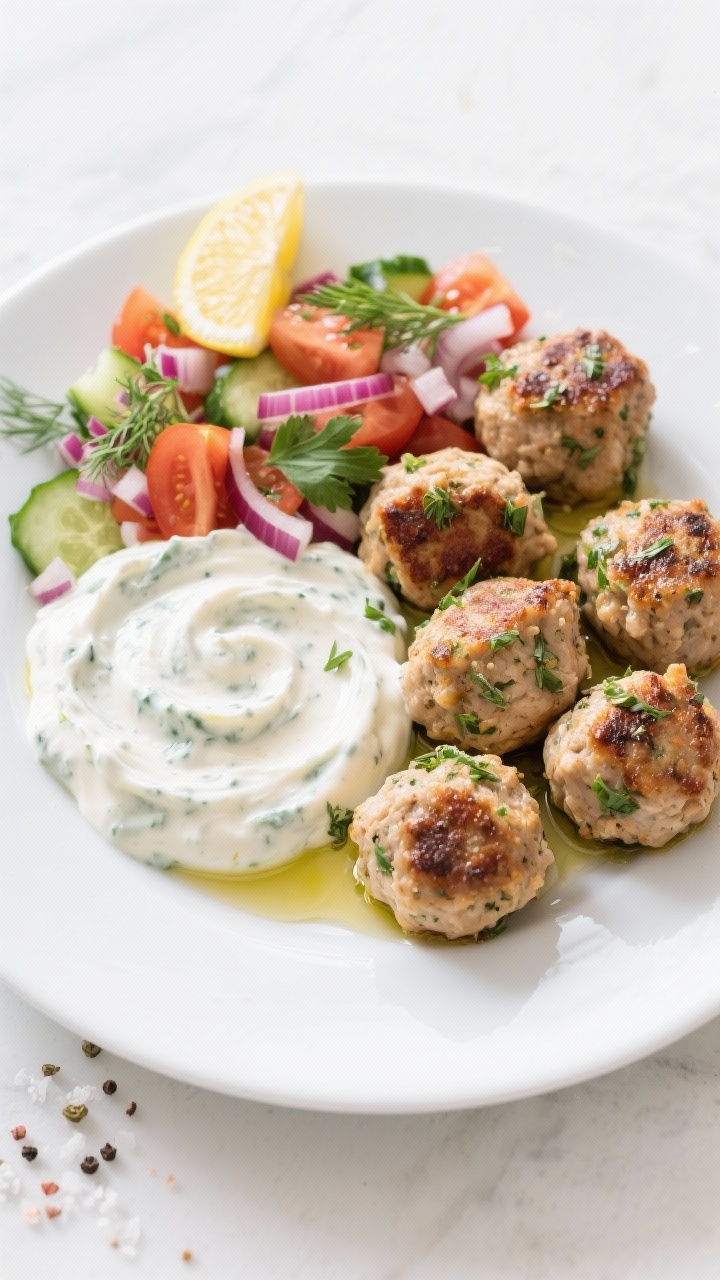 Plated Mediterranean presentation, overhead: Greek chicken meatballs arranged on a white plate with a generous swirl of creamy tzatziki. Cucumber-tomato salad on the side with chopped red onion, fresh parsley, and dill. Meatballs flecked with oregano and herbs, lightly seared. Drizzle of olive oil, lemon wedge, and a sprinkle of kosher salt and cracked pepper; bright, fresh, clean styling.