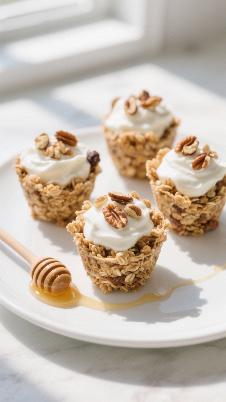 Plated presentation of Yogurt Parfait Crunch Cups: crisp oat-and-nut granola cups brushed with coconut oil, filled with thick plain Greek yogurt lightly sweetened with honey, vanilla-scented; topped with chopped nuts for extra crunch; arranged on a white plate with a honey dipper trailing a thin ribbon, bright, no-soggy mood, soft morning window light.