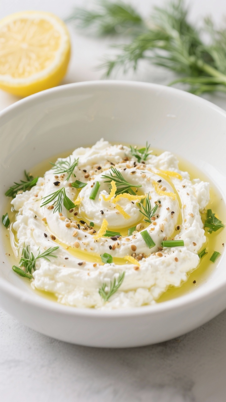 Plated presentation, straight-on shot of a savory cottage cheese bowl: 3/4 cup cottage cheese swirled with 1 tsp olive oil, 1 tsp lemon juice, a dusting of lemon zest, and layered with finely chopped fresh herbs (dill, chives, parsley); finished with a generous shake of everything bagel seasoning; served in a matte white bowl with a lemon half and herb sprigs in the background; clean, airy aesthetic, crisp focus on curds and seed texture.