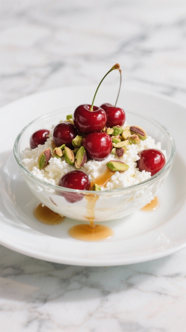 Plated sundae-style composition at 45 degrees: a low glass bowl filled with creamy cottage cheese (2% or 4%), crowned with glossy pitted cherries (fresh or thawed), chopped pistachios for crunch, a hint of vanilla, and a delicate ribbon of honey/date syrup; bright, fresh look with contrasting red, white, and green, clean marble background.