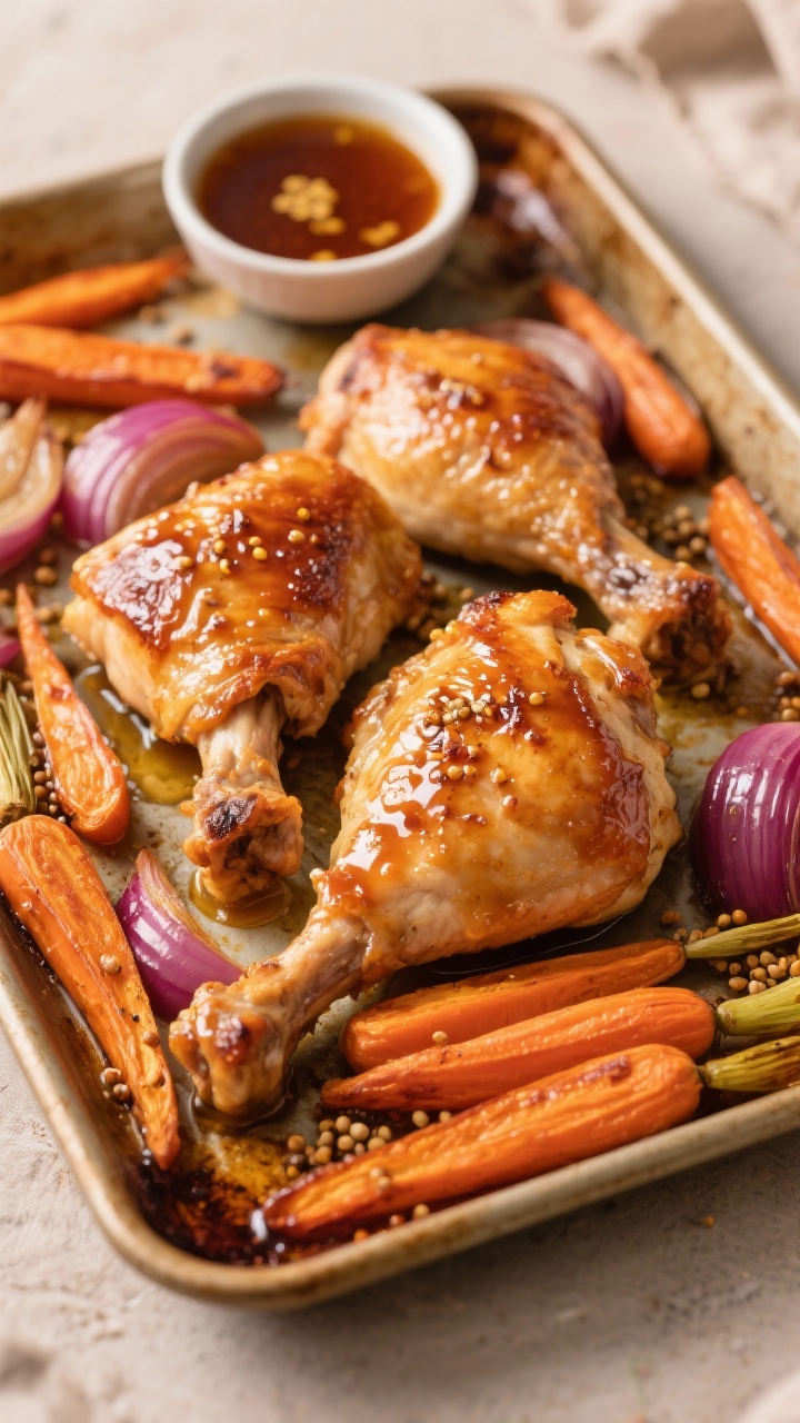 Rustic sheet-pan plated combo, straight-on: maple–Dijon baked bone-in, skin-on chicken thighs with a glossy amber glaze, nestled with caramelized roasted carrot batons and red onion wedges. Visible whole-grain mustard seeds, pure maple syrup sheen, and a light olive oil gloss. Served on a warm-toned baking sheet with a small bowl of extra maple-mustard sauce; emphasis on sticky glaze, roasted edges, and cozy oven-baked comfort.