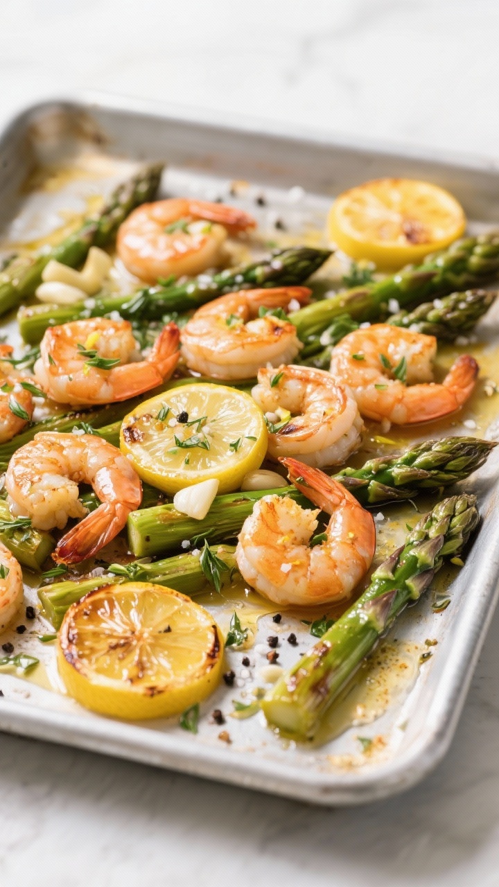 Sheet-pan action shot, straight-on: lemon herb shrimp and asparagus roasted together. Plump shrimp glistening with olive oil, minced garlic, lemon zest and juice, speckled with kosher salt, black pepper, and dried herbs. Asparagus tips slightly blistered, lemon rounds caramelized on the pan. Clean, bright styling with a faint drizzle of pan juices; fresh, zesty mood.