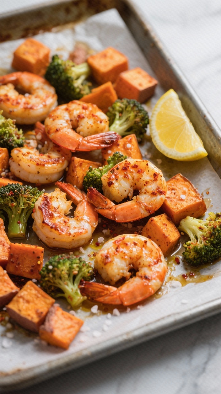 Sheet-pan Cajun shrimp with sweet potatoes and broccoli, 45-degree angle; jumbo shrimp tossed in olive oil, low-sodium Cajun seasoning, and a hint of smoked paprika, nestled among 1/2-inch sweet potato cubes and broccoli florets, edges caramelized; on a parchment-lined metal sheet pan, sprinkled with sea salt, lemon wedge off to the side; crisp textures and warm, roasted hues.