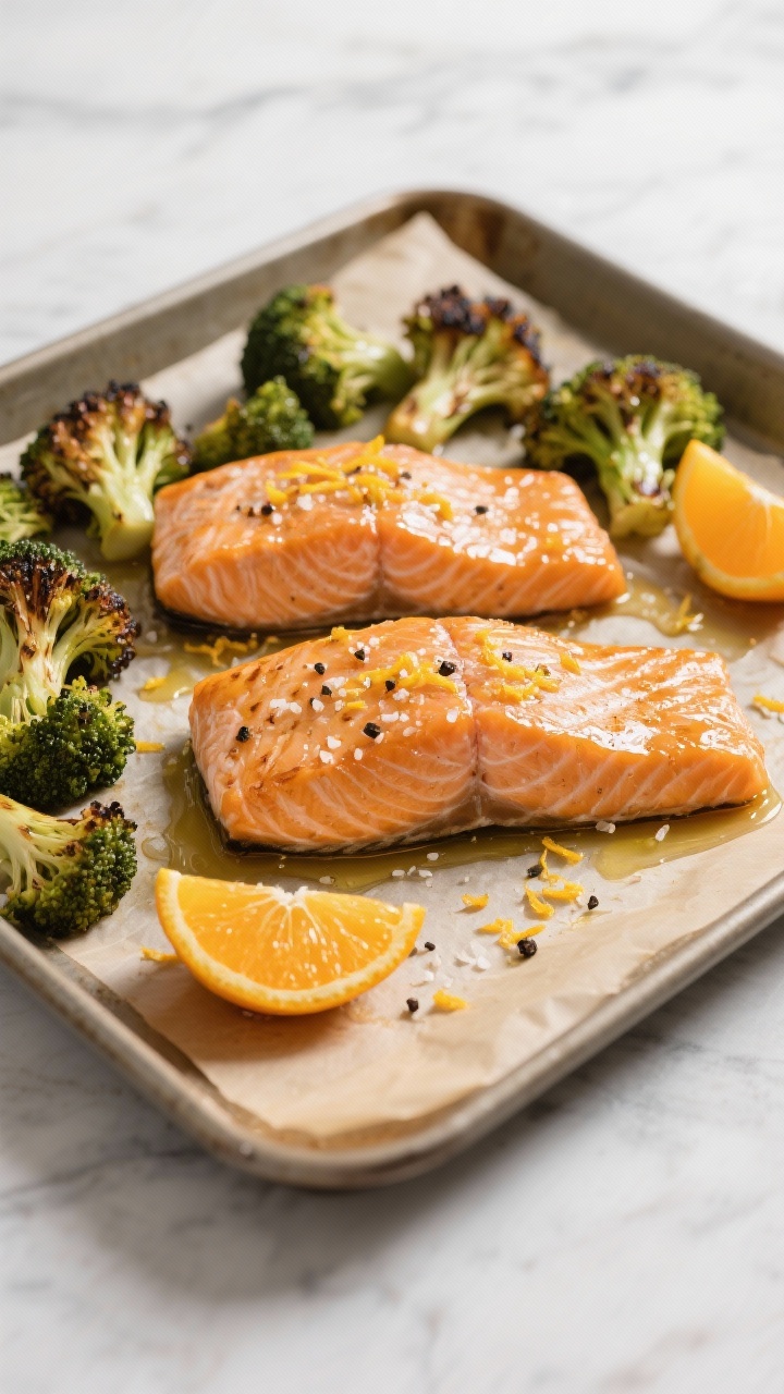 Sheet-pan overhead: Citrus salmon with roasted broccoli straight from the oven on a parchment-lined pan. Two salmon fillets glazed with orange zest and juice, a hint of maple or honey-like gloss, sprinkled with kosher salt and black pepper. Broccoli florets charred at the edges, olive oil-kissed. Orange slices and scattered zest add brightness. Minimalist kitchen surface, warm highlights to showcase caramelization.