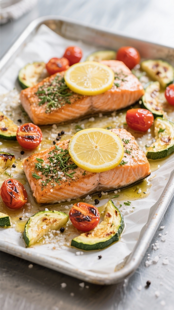 Sheet-pan overhead: Lemon herb salmon with zucchini and cherry tomatoes, roasted on parchment-lined pan; salmon fillets topped with lemon slices and herb-garlic powder rub, surrounded by half-moon zucchini and blistered cherry tomatoes; visible olive oil sheen, kosher salt crystals, and a grind of black pepper; vibrant, healthy weeknight vibe with clean, bright daylight on a stainless counter.