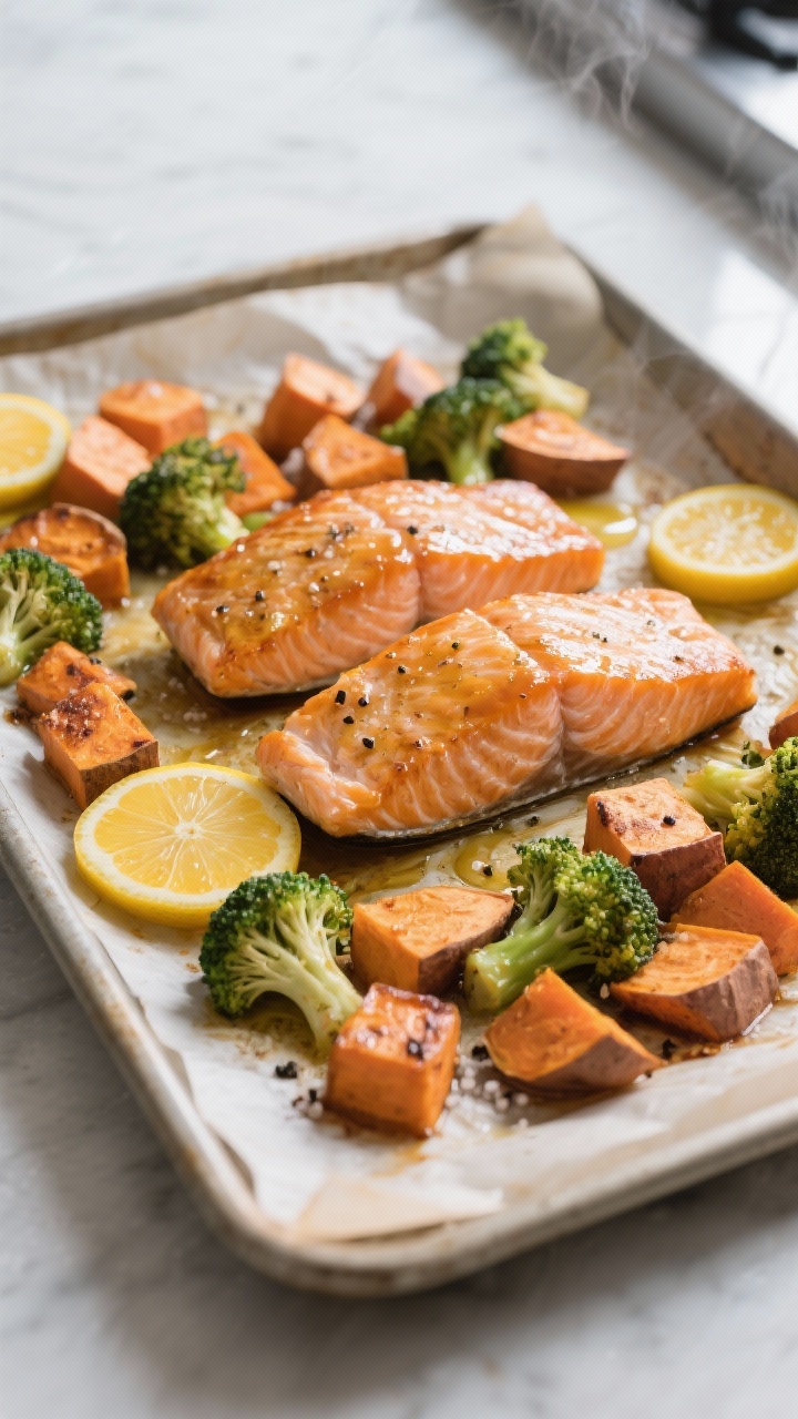 Sheet-pan process shot, straight-on angle: citrus-glazed salmon fillets centered on a parchment-lined tray, surrounded by cubed sweet potatoes and broccoli florets; vegetables tossed with olive oil, sea salt, and black pepper, edges beginning to caramelize; thin citrus slices tucked around salmon; minimalist kitchen backdrop, directional side light highlighting roasted textures and steam.
