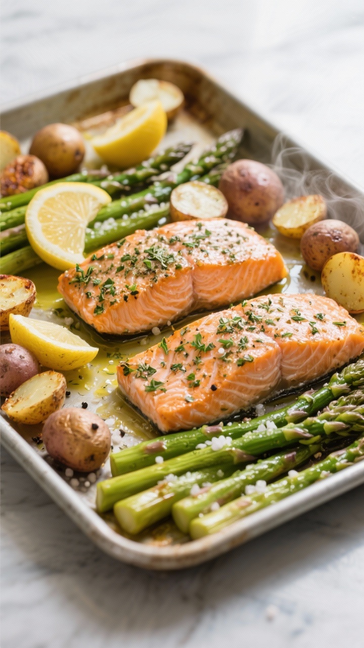 Sheet-pan scene, straight-on angle at tray level: herb-rubbed salmon fillets, skin-on, nestled among halved baby potatoes and bright citrusy asparagus spears; a light olive oil sheen, sea salt crystals and cracked black pepper visible; lemon slices tucked around the asparagus; roasted caramelization on potatoes; steam hinted, modern oven-light glow, professional crisp detail.