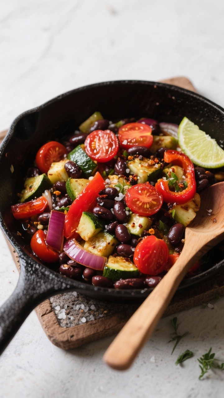 Skillet overhead shot of a Spiced Veggie and Bean Breakfast Skillet: a black cast-iron pan filled with sautéed red onion, red bell pepper, diced zucchini, halved cherry tomatoes, and black beans, glistening in olive oil and tossed with warming spices; tomatoes blistered, beans glossy, zucchini slightly caramelized; sprinkled with a pinch of salt and pepper, lime wedge or herbs optional at the edge, set on a rustic trivet with a wooden spoon.