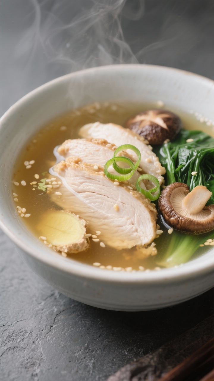 Steaming miso-ginger chicken soup captured in a close-up bowl shot. Thinly sliced chicken breast in low-sodium chicken broth enriched with white miso, grated fresh ginger, and minced garlic. Include shiitake mushroom slices and leafy greens gently wilted; pale gold broth with tiny sesame oil droplets, delicate scallion rings floating. Elegant porcelain bowl on a slate surface, soothing and nourishing atmosphere.