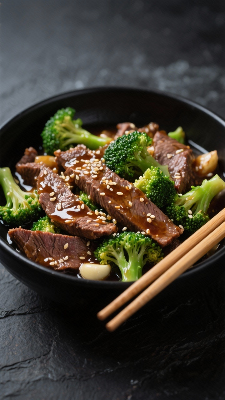 Straight-on action shot of honey-garlic beef and broccoli in a glossy sauce in a black bowl: thinly sliced flank steak seared-looking yet crockpot-tender, bright green broccoli florets, sesame seeds sprinkle; visible glaze made from low-sodium soy sauce, honey, rice vinegar, minced garlic, and fresh ginger; chopsticks resting on the rim, dark slate background for a takeout-beating vibe, high contrast, appetizing shine.