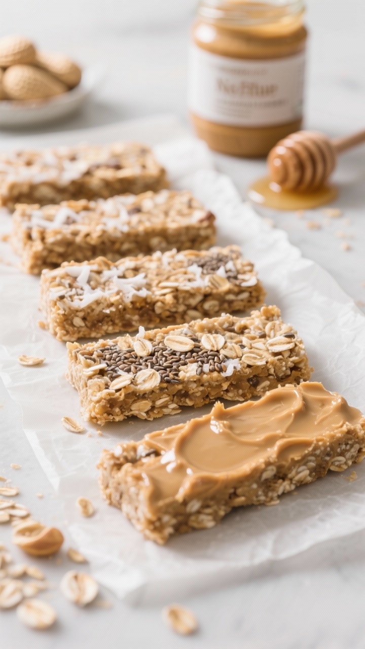 Straight-on bar lineup of No-Bake Peanut Butter Oat Bars on parchment: tidy rectangles showing visible rolled oats, ground flaxseed, and unsweetened shredded coconut bound with runny natural peanut butter and honey/maple syrup; one bar slightly tilted to show chewy texture and glossy peanut butter sheen, crumbs scattered, a jar of peanut butter and a honey dipper in background, soft diffused daylight.