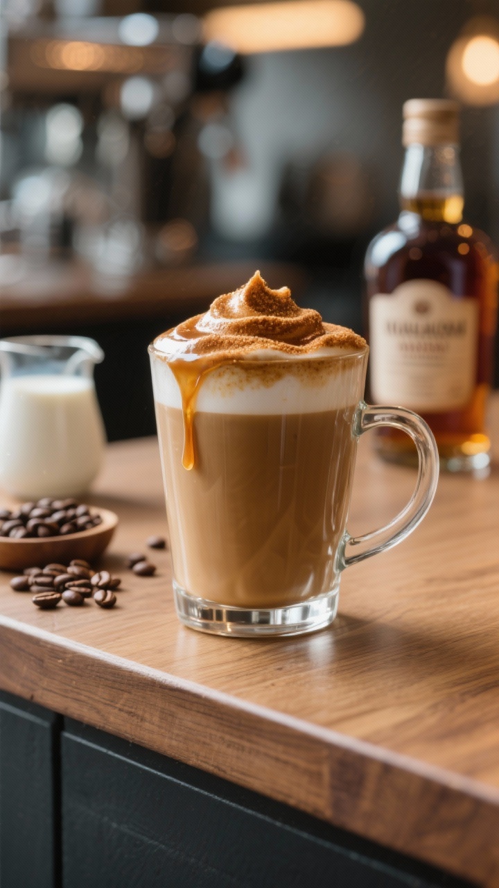 Straight-on barista-style shot of a maple bourbon latte in a clear glass mug, silky microfoam crowned with glossy brown sugar foam cascading slightly down the sides; espresso crema peeking at the edges, a drizzle of pure maple syrup, and a hint of vanilla; optional bourbon bottle blurred in the background, with coffee beans and a small pitcher of frothed milk on a walnut counter; clean, modern café lighting for a warm, refined vibe.