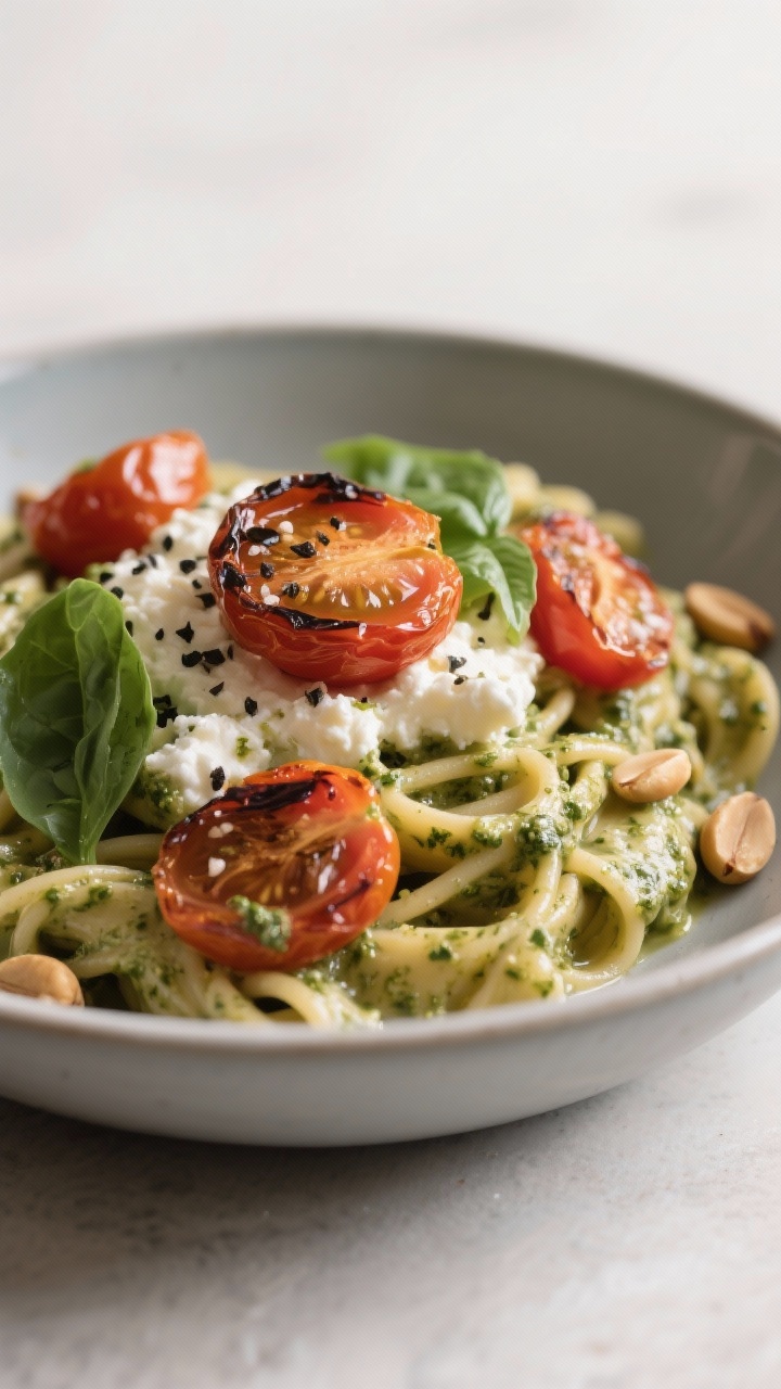 Straight-on bowl of creamy pesto cottage cheese pasta with roasted tomatoes: whole wheat pasta coated in a silky cottage cheese–pesto sauce, crowned with blistered cherry tomatoes roasted with olive oil, kosher salt, and black pepper; basil leaves and a few pine nuts scattered for texture, glossy finish, modern ceramic bowl against a soft neutral backdrop.
