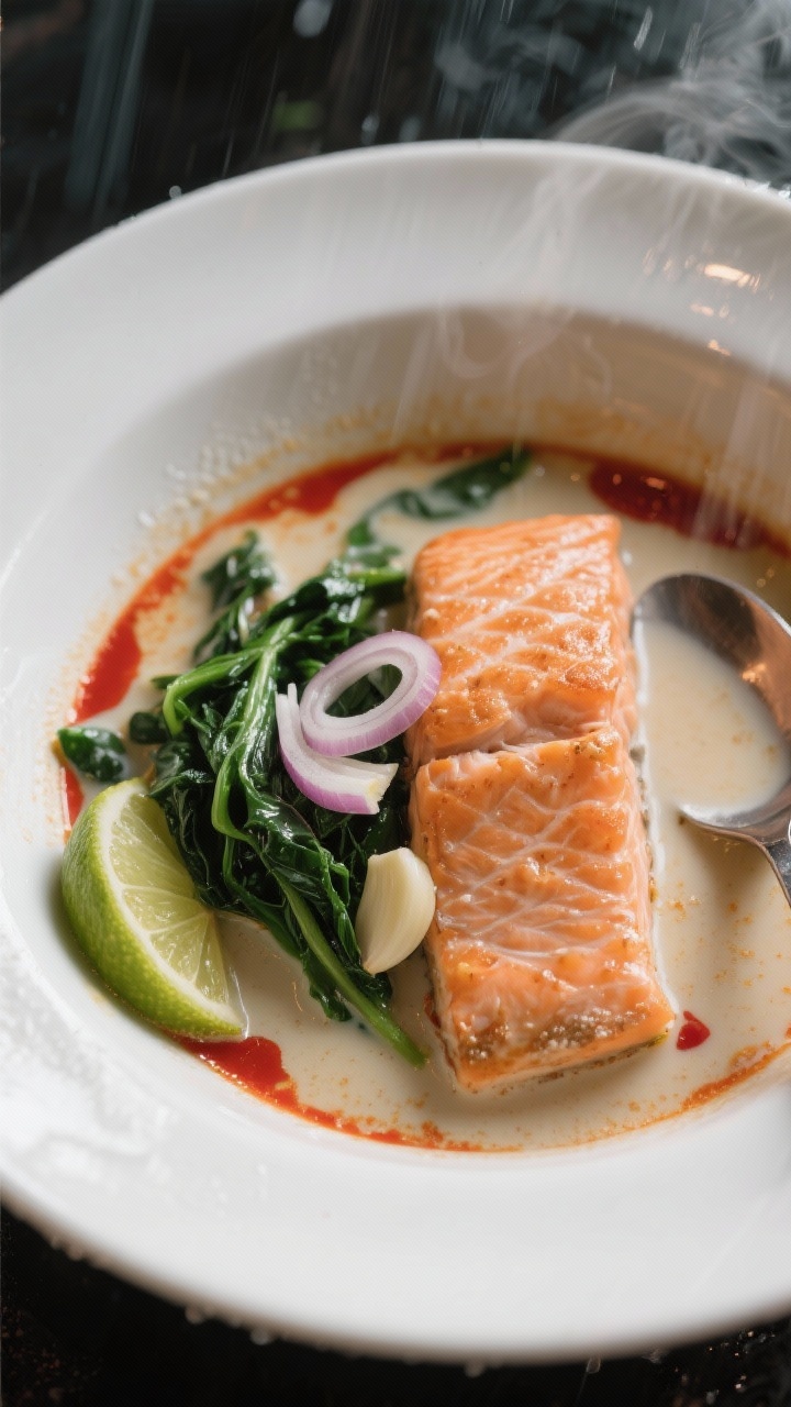 Straight-on bowl shot: coconut-curry poached salmon in a shallow white bowl—silky light coconut milk broth tinted red from red curry paste, with wilted spinach ribbons, thinly sliced shallot and garlic visible. Spoon resting on the rim, a drizzle of coconut milk swirl, lime wedge nearby. Cozy, rainy-night vibe with soft shadows and gentle steam, Thai-inspired comfort.