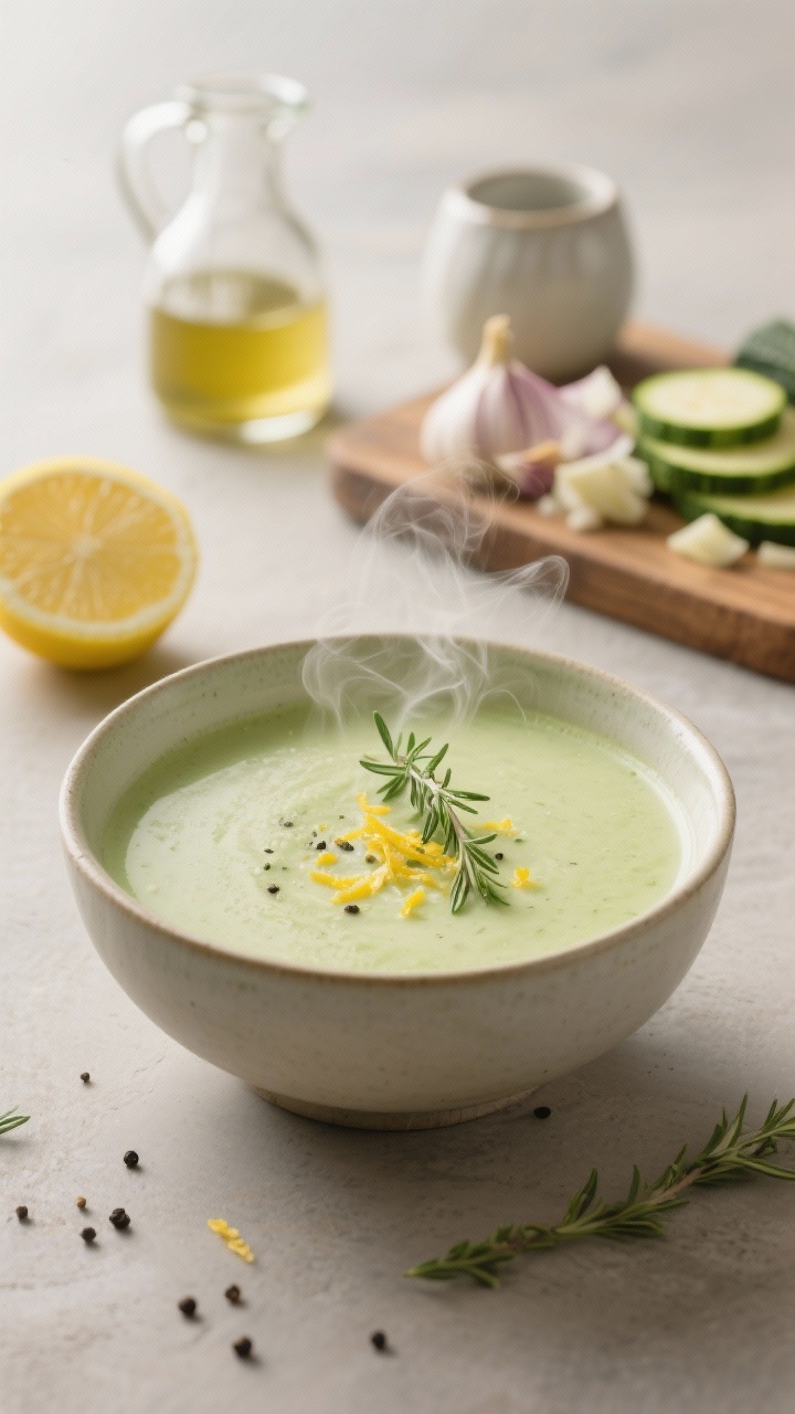 Straight-on, bowl shot: Creamy lemon zucchini soup in a smooth ceramic bowl, velvety pale green texture with steam rising; garnish of lemon zest, a thyme sprig, and a crack of black pepper; background props include a small carafe of low-sodium broth, chopped onion and garlic on a board, and a lemon half; soft diffused lighting to emphasize creaminess and warmth.
