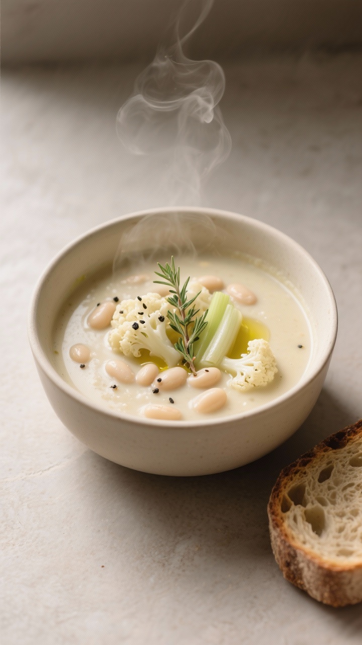 Straight-on bowl shot of creamy soup: Cauliflower and white bean soup with thyme in a matte cream bowl; silky blended cauliflower with cannellini beans, leek (or onion), garlic, olive oil, and vegetable broth; small drizzle of olive oil, fresh thyme leaves and cracked black pepper on top; a slice of rustic bread at the side; soft neutral tones and steam for comfort.