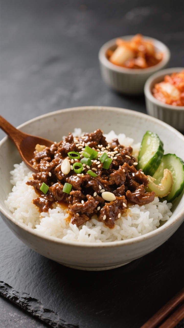 Straight-on bowl shot of Korean-style beef bowls: glossy ground beef caramelized in sesame oil with garlic and fresh ginger, coated in a soy–brown sugar–rice vinegar glaze with a hint of gochujang; spooned over fluffy white rice, garnished with sesame seeds and finely chopped green onions; pickled cucumbers and kimchi ramekins in the background, clean minimal styling with dark slate for contrast.