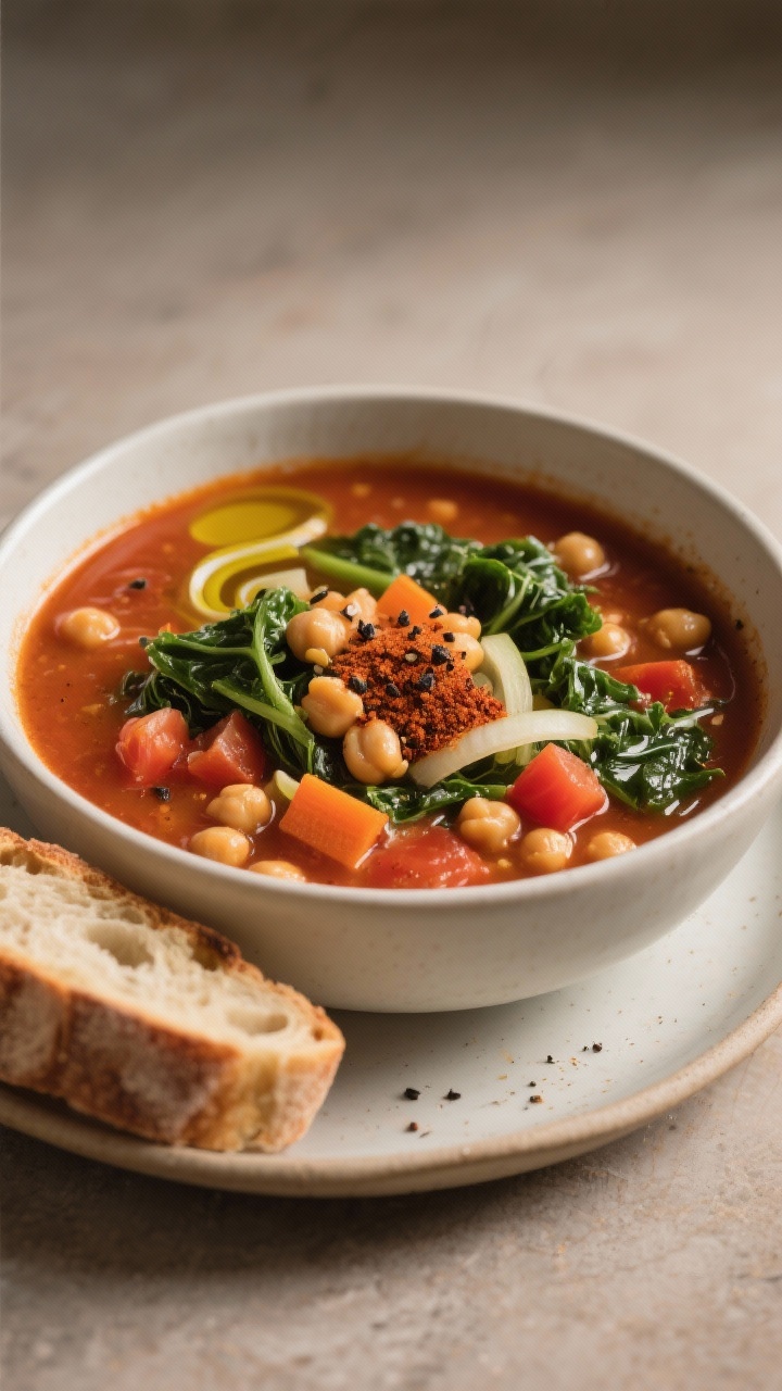 Straight-on bowl shot of smoky chickpea kale soup: deep bowl filled with a tomato-rich broth tinted by smoked paprika and ground cumin, tender chickpeas, diced tomatoes, carrots, onions, and ribbons of wilted kale; a swirl of olive oil on the surface and cracked black pepper; served with a slice of crusty bread on the side, warm, cozy lighting to emphasize the “hug-in-a-bowl” mood.