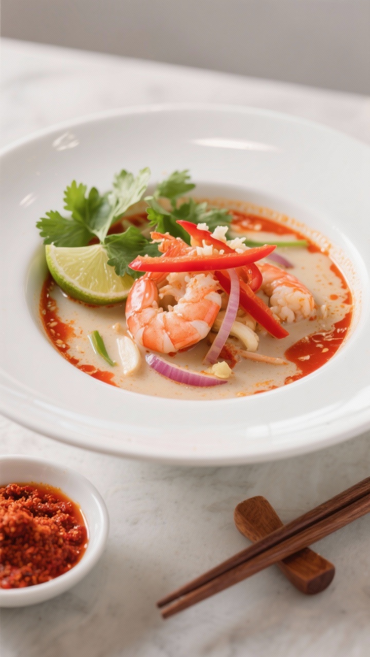 Straight-on bowl shot of Thai-inspired coconut curry shrimp soup: creamy coconut broth tinted red from curry paste, with pink shrimp curled atop, thinly sliced red bell pepper and onion threads, fragrant with garlic and grated ginger; lime wedge and torn cilantro leaves as garnish; served in a glossy white bowl, chopsticks and a small dish of red curry paste nearby, vibrant, tropical color palette.