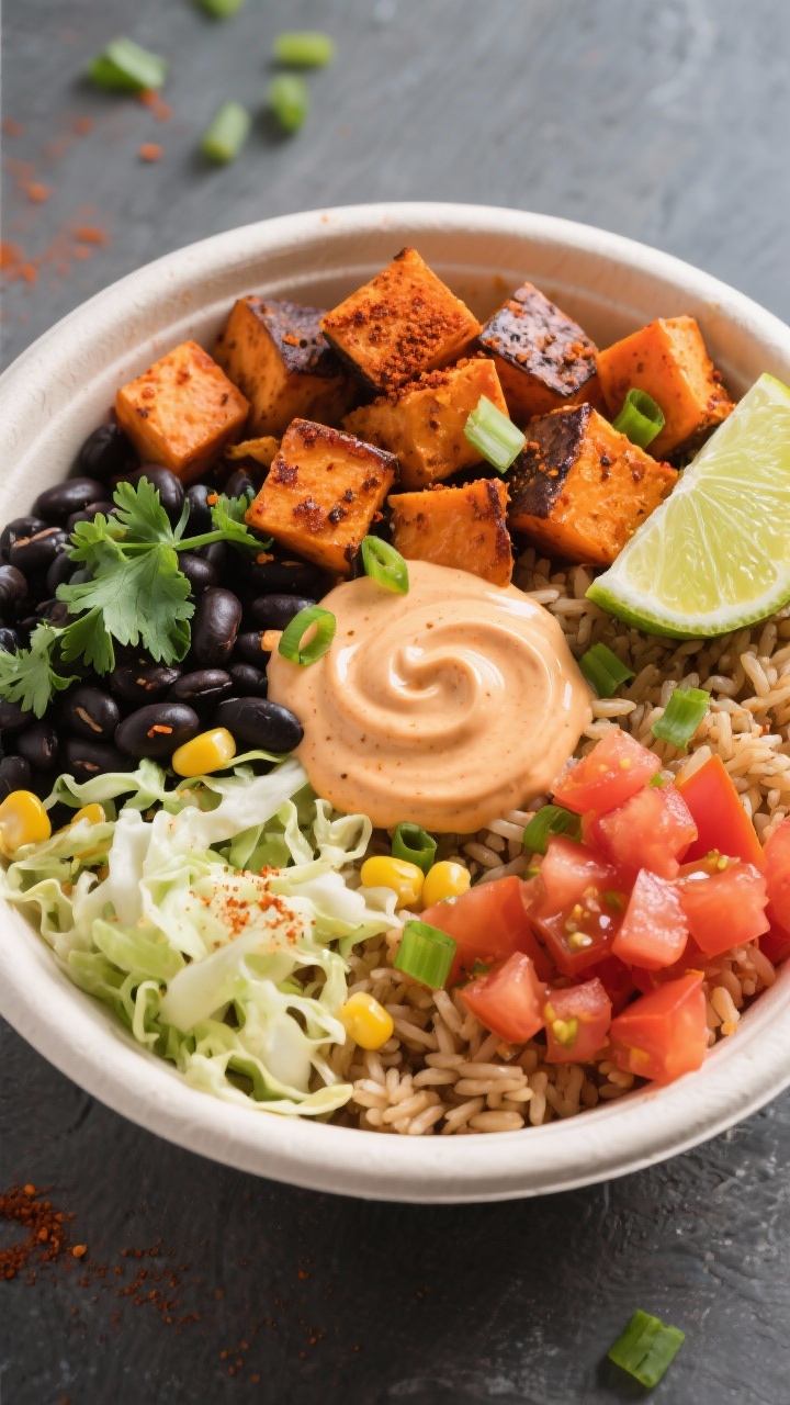Straight-on burrito bowl composition: roasted sweet potato cubes with caramelized edges dusted with chili powder, cumin, and smoked paprika; black beans, cilantro-lime brown rice, crunchy shredded cabbage, corn, and diced tomato, all crowned with a swirl of chipotle yogurt; lime wedge and sliced scallions for pop; vivid oranges, blacks, and greens, creamy-spicy sauce contrast, no people.