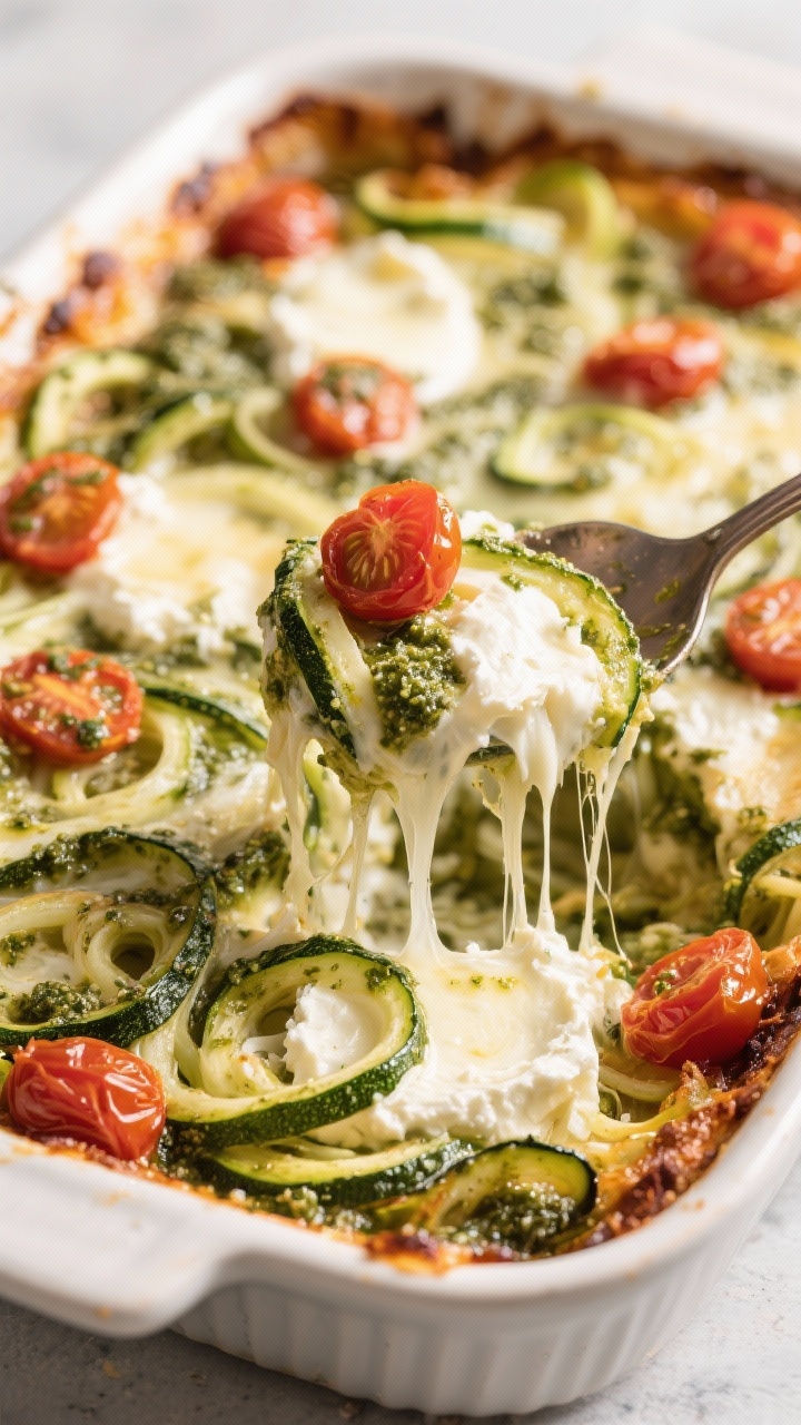 Straight-on casserole bake: pesto zoodle bake bubbling with melted mozzarella stretch, pockets of creamy ricotta, and burst cherry tomatoes. Spiralized zucchini visible under the cheese, glossy with basil pesto. Edges caramelized slightly, a spoon lifting a portion to show stringy cheese and green pesto ribbons; vibrant, cozy Italian comfort.