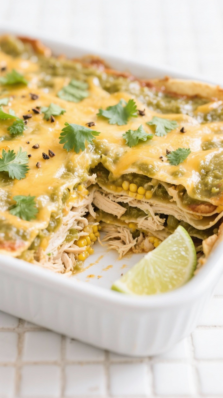 Straight-on casserole slice of salsa verde chicken enchilada bake: layered corn tortillas, shredded salsa verde chicken seasoned with cumin, garlic powder, kosher salt, and black pepper, smothered in bubbling salsa verde and melted cheese; a clean cross-section showing distinct layers. Garnished with chopped cilantro and lime wedges on the side, presented in a white baking dish on a bright tiled surface for a fresh, Mexican-inspired vibe.