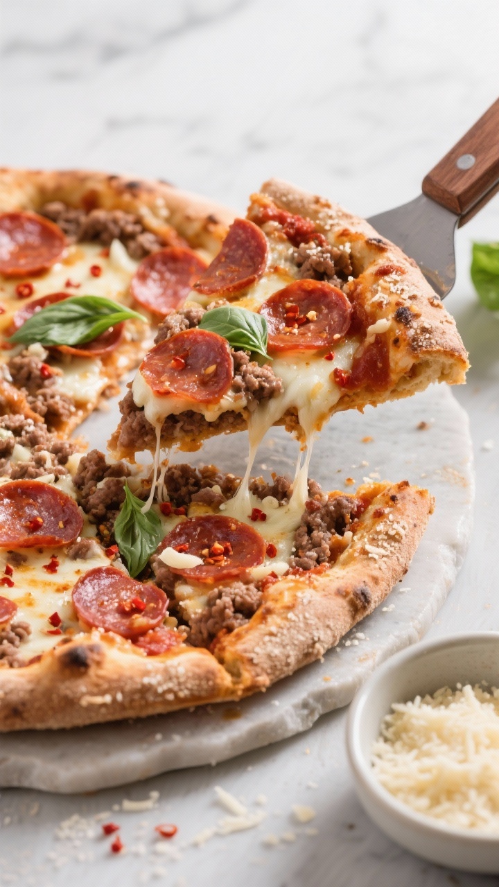 Straight-on close-up of 15-minute pepperoni meatza with garlic Parmesan crust: thin ground-beef “crust” speckled with garlic and Parmesan, baked until crisp at the edges, topped with a light layer of marinara, melted mozzarella, and overlapping pepperoni slices, finished with red pepper flakes and torn basil; a clean slice lifted on a spatula showing juicy crumb and cheese stretch; set on a pizza stone with a small bowl of grated Parmesan.