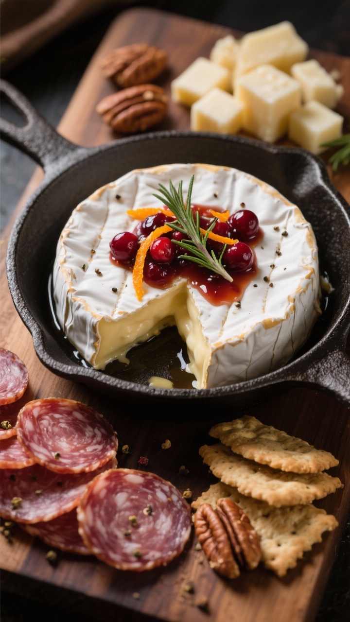 Straight-on close-up of a melty brie centerpiece on a small cast-iron skillet: an 8 oz wheel of brie scored and topped with whole-berry cranberry sauce, fresh orange zest, and chopped rosemary, slightly oozing at the edges. Surround on the board with folded peppered salami rosettes, cubes of aged white cheddar, and a small heap of toasted pecans and crackers. Glossy cranberry sheen, contrast of creamy brie and peppered salami, dramatic side lighting for shine, shallow depth of field, no people.
