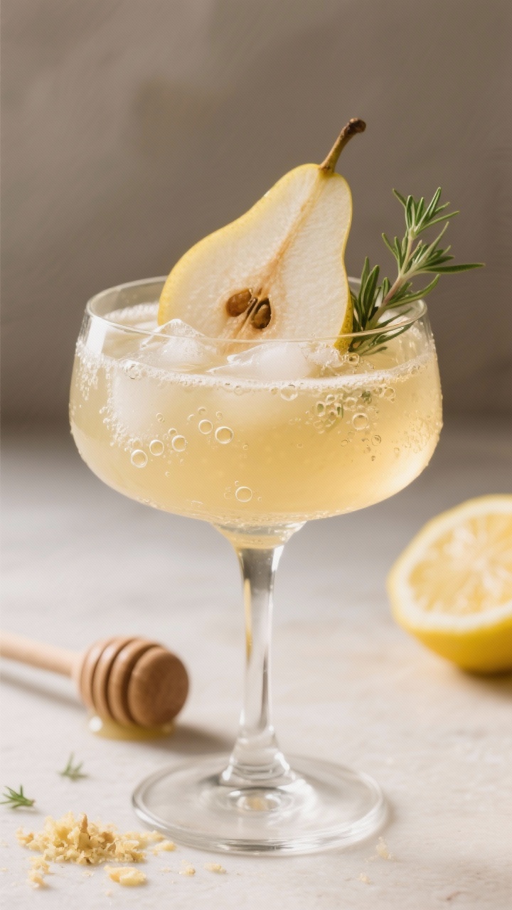 Straight-on close-up of a Pear, Ginger & Thyme Spritz in a stemmed spritz glass: pale gold pear juice, fresh lemon juice, honey (or agave) sweetness, and finely grated fresh ginger, topped with 4–5 fizzing bubbles from sparkling water. Garnish with a thin pear fan, fresh thyme sprig, and micro ice. Highlight condensation and tiny ginger flecks; neutral backdrop with a honey dipper and cut lemon in frame for context; crisp, refreshing vibe that feels like a clever champagne alternative.