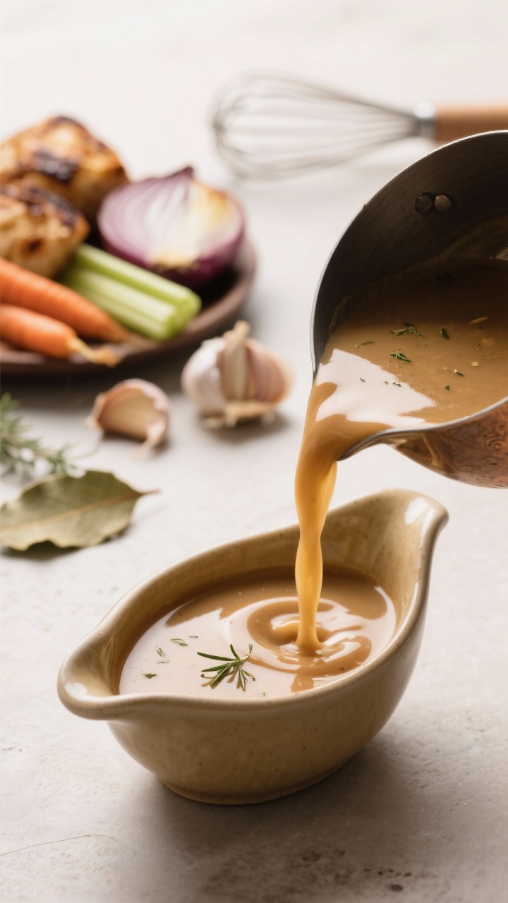 Straight-on close-up of a small saucepan of silky make-ahead turkey gravy being poured into a warm ceramic gravy boat; ultra-smooth texture with gentle gloss, flecks of thyme; blurred in the background: roasted onions, carrots, celery, smashed garlic cloves, a bay leaf, and a roux whisk hinting at the no-drippings method; neutral backdrop, soft side light emphasizing sheen.