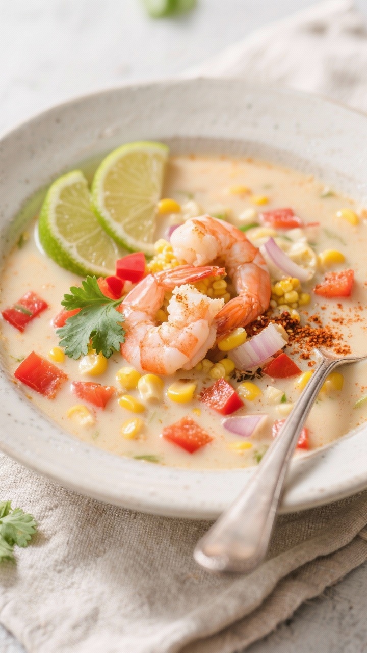 Straight-on close-up of Chili Lime Shrimp Corn Chowder in a wide-rim bowl: light, brothy chowder studded with sweet corn kernels and diced red bell pepper, pink shrimp gently curled on top, hints of onion and garlic, seasoned with chili powder and cumin; garnished with fresh lime wedges and cilantro, a sprinkle of chili powder on the surface, spoon resting on a neutral linen, bright and zesty coastal vibe.