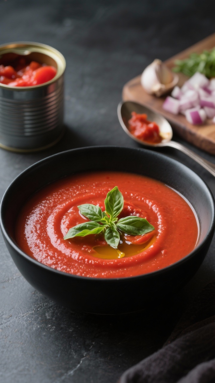 Straight-on close-up of Creamy Tomato Basil Soup (no cream) in a matte black bowl: velvety, deep-red puree made from crushed tomatoes and tomato paste, silky sheen from olive oil, garnished with torn fresh basil leaves and a light drizzle of olive oil; background includes an open can of crushed tomatoes, a spoon with a dab of tomato paste, chopped onion and minced garlic on a small board, moody soft light emphasizing the smooth texture.