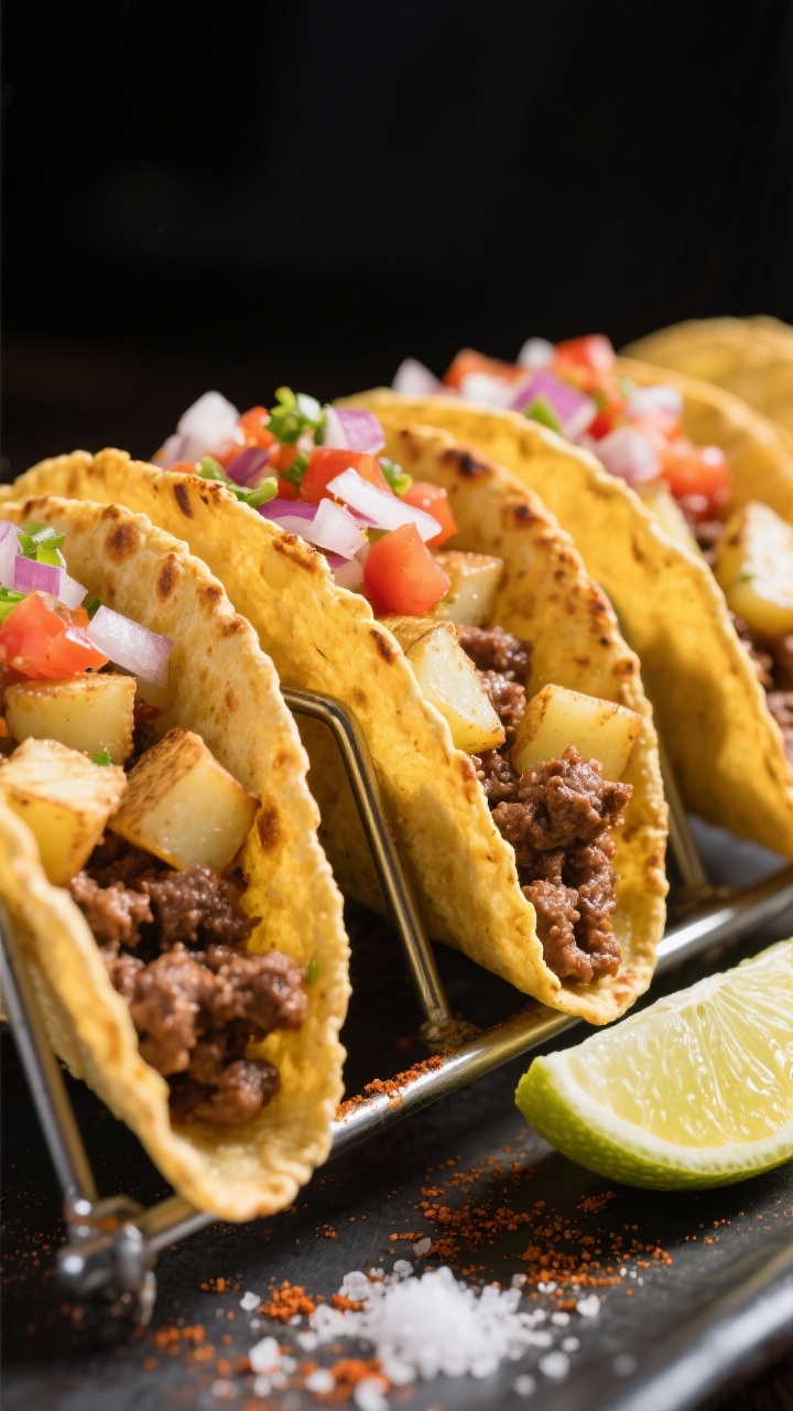 Straight-on close-up of crispy beef and potato tacos standing in a row on a metal taco rack: golden, blistered tortillas filled with well-browned ground beef, small-diced crispy russet potatoes, sautéed onions, garlic, and a dusting of chili powder. Topped with “pantry pico” (finely chopped onion and pantry tomatoes), lime wedge on the side, sprinkle of salt crystals visible. Bright, punchy colors, shallow depth of field to emphasize crisp textures.