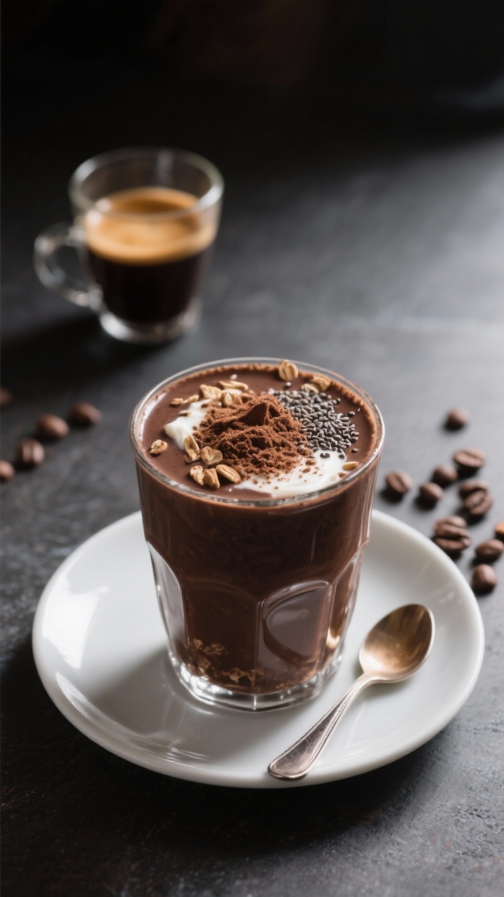 Straight-on close-up of mocha oats in a short tumbler: deeply tinted oats from strong brewed coffee and unsweetened cocoa, enriched with almond milk, Greek yogurt, and chia seeds. A delicate dusting of cocoa on top and a tiny espresso spoon resting on the saucer. Background includes a cooled espresso cup and scattered coffee beans. High-contrast lighting to accent the glossy, chocolate-coffee sheen.