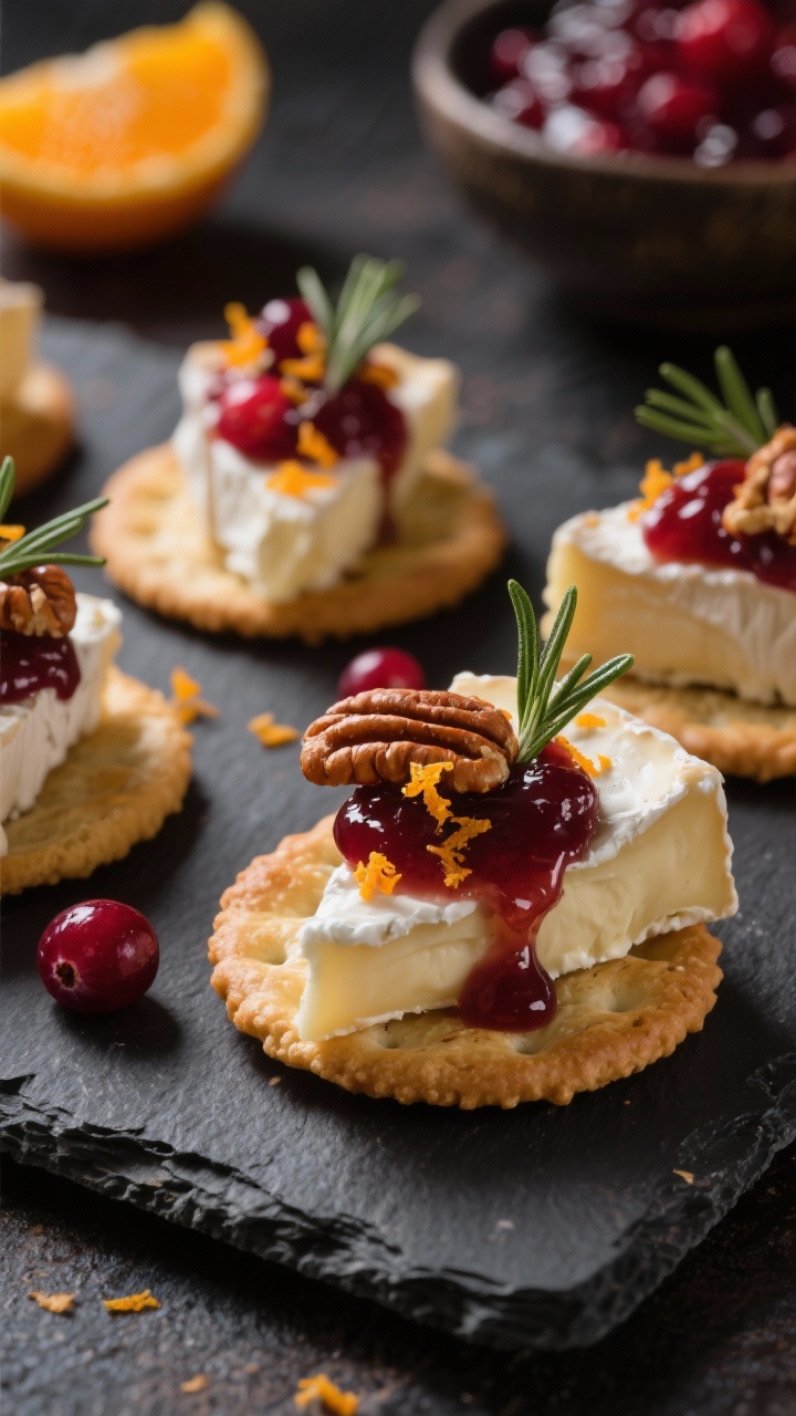 Straight-on close-up of no-bake cranberry brie puff bites assembled on sturdy crackers: chilled brie wedges topped with whole-berry cranberry sauce, a sparkle of orange zest, chopped fresh rosemary, and candied pecans; arranged on a dark slate board for contrast, with a bowl of cranberry sauce and a zested orange in the background; moody side light to emphasize glistening jam and creamy brie.