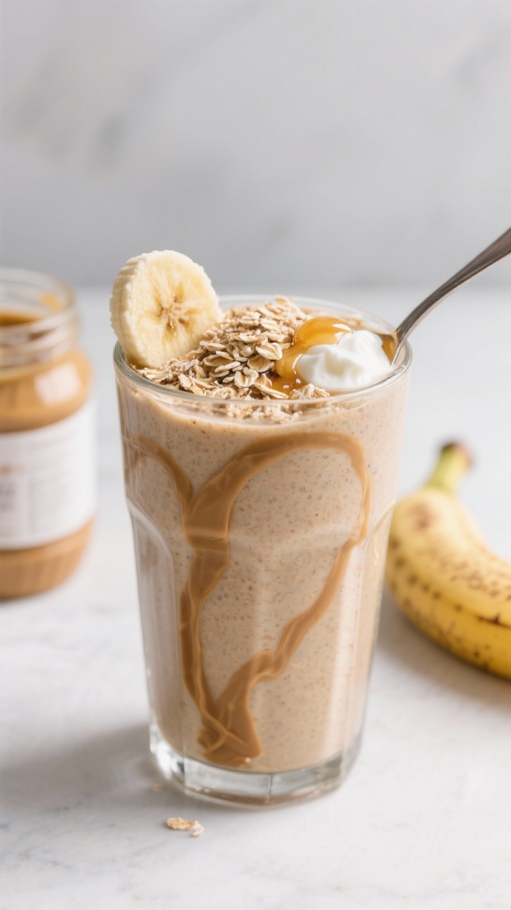 Straight-on close-up of Peanut Butter Banana Blender Oats in a tall glass: thick, smoothie-like texture with creamy swirls of peanut butter, topped with a dusting of rolled oats, a drizzle of honey, and a spoonful of Greek yogurt; a frozen banana half and a jar of peanut butter in soft focus behind; cool, breakfast-shake energy, minimal props, bright neutral background.