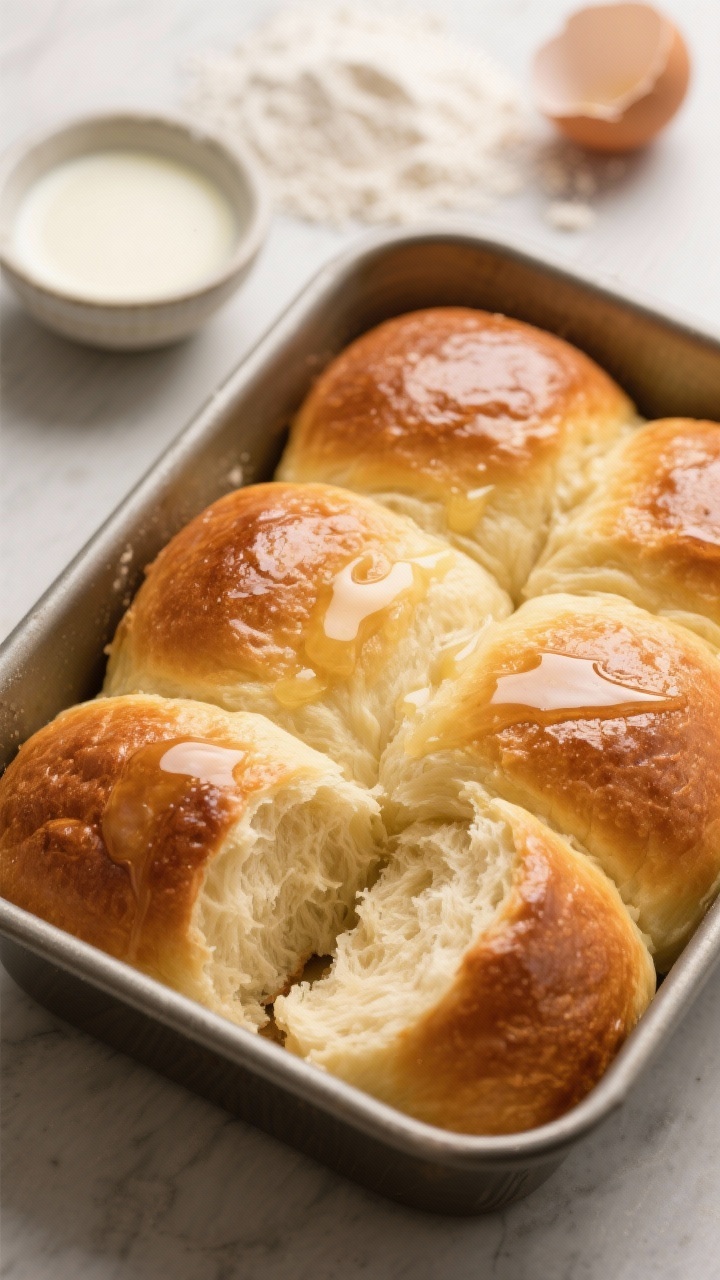 Straight-on close-up of pull-apart buttery Parker House rolls in a metal baking pan, perfectly domed and deeply burnished, brushed with melted butter so they gleam; one roll torn open to reveal feathery, tender crumb; a small bowl with warm milk and yeast, a dusting of flour, and an egg shell subtly styled in the background to hint at the bake; soft, warm light.