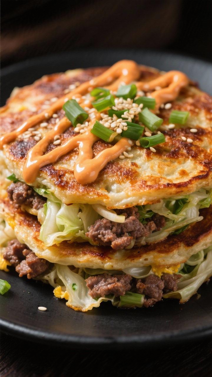Straight-on close-up of savory beef pancakes (okonomiyaki-inspired) stacked two high on a matte black plate: crisp-edged cabbage-and-ground-beef pancakes made with shredded cabbage, scallions, eggs, flour, soy sauce, sesame oil, and a touch of baking powder. Zigzags of spicy mayo on top, a sprinkle of extra scallions and toasted sesame seeds. Glossy, caramelized surface, high-contrast lighting to emphasize crisp texture.